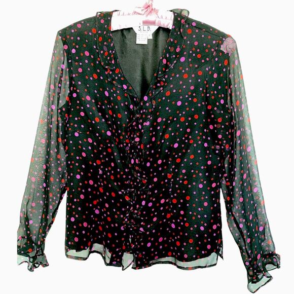S.L.B. Petite Black Silk Button Ruffle Front Vintage Polka Dot V-neckline Blouse - Picture 1 of 10
